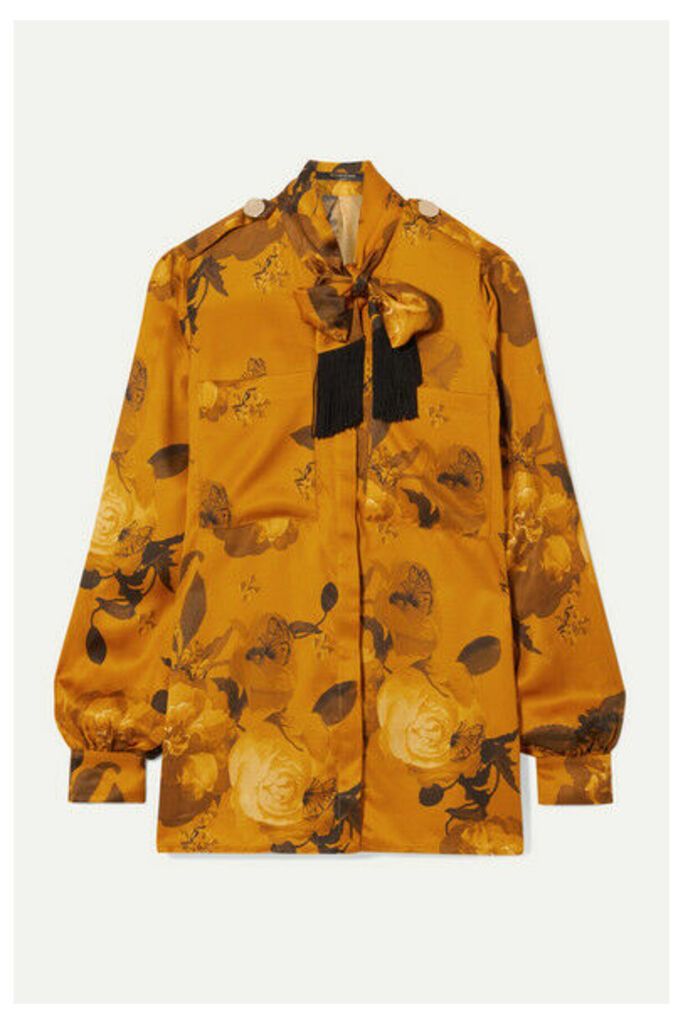 Mother of Pearl - Leandra Fringed Pussy-bow Floral-print Satin Shirt - Saffron