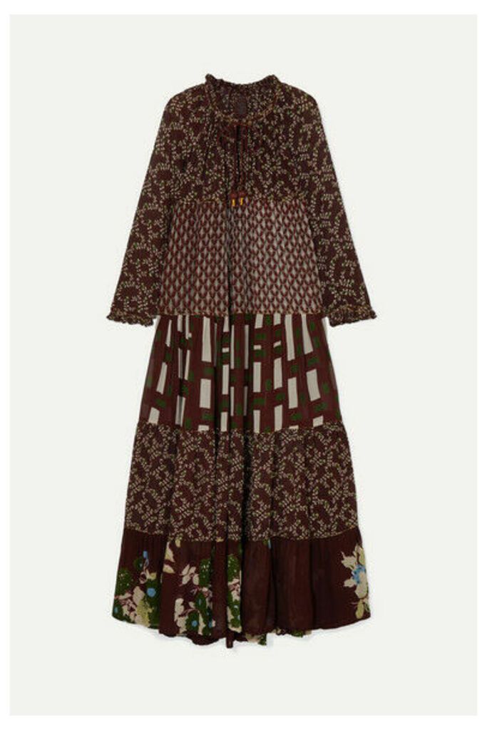 Yvonne S - Hippy Tiered Printed Crepe De Chine Maxi Dress - Burgundy