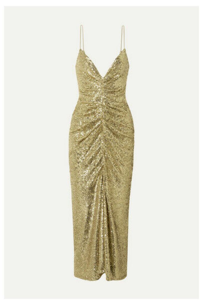 Monique Lhuillier - Ruched Sequined Tulle Midi Dress - Gold