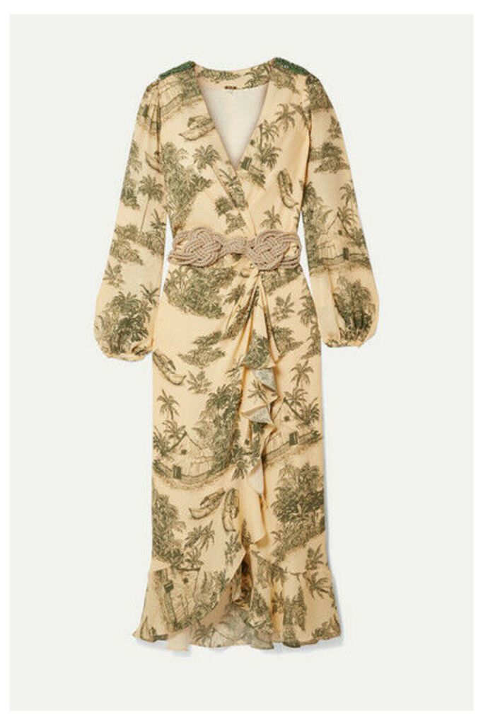 Johanna Ortiz - Al Son Del Tambor Embellished Ruffled Printed Silk-crepe Wrap Dress - Ecru