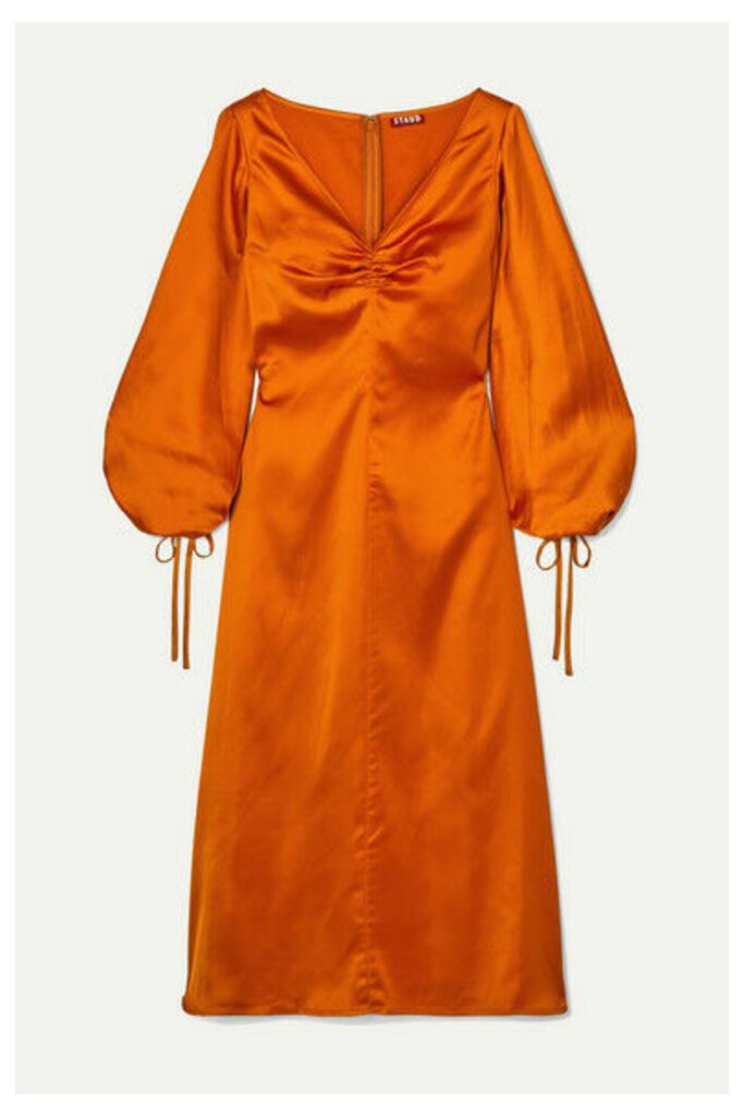STAUD - Sofia Ruched Satin Midi Dress - Orange