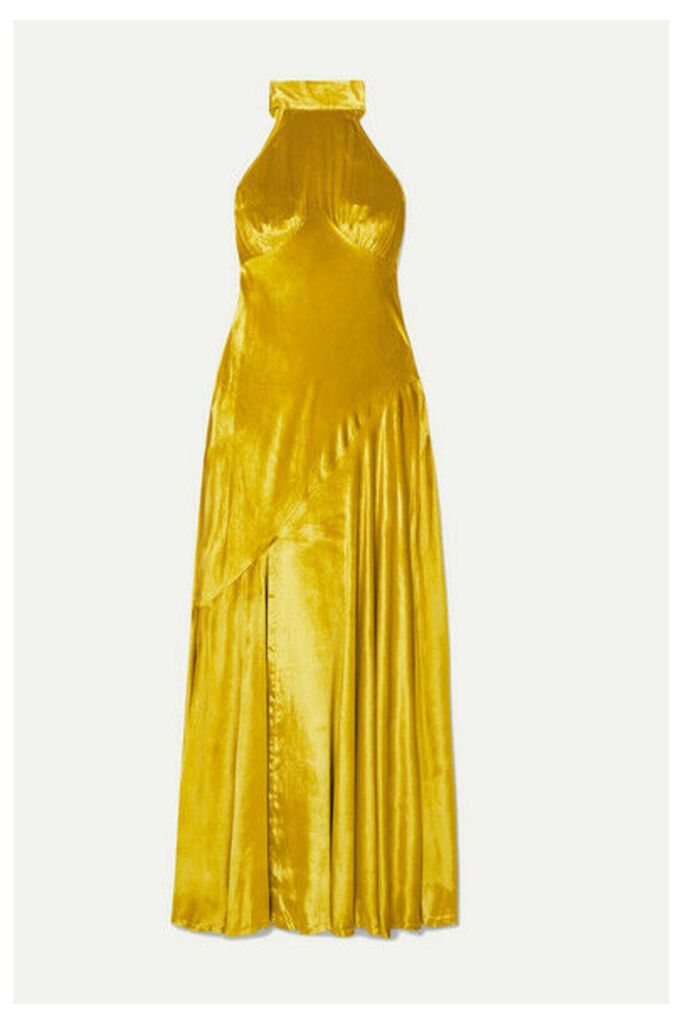 De La Vali - Vivienne Asymmetric Halterneck Velvet Midi Dress - Chartreuse