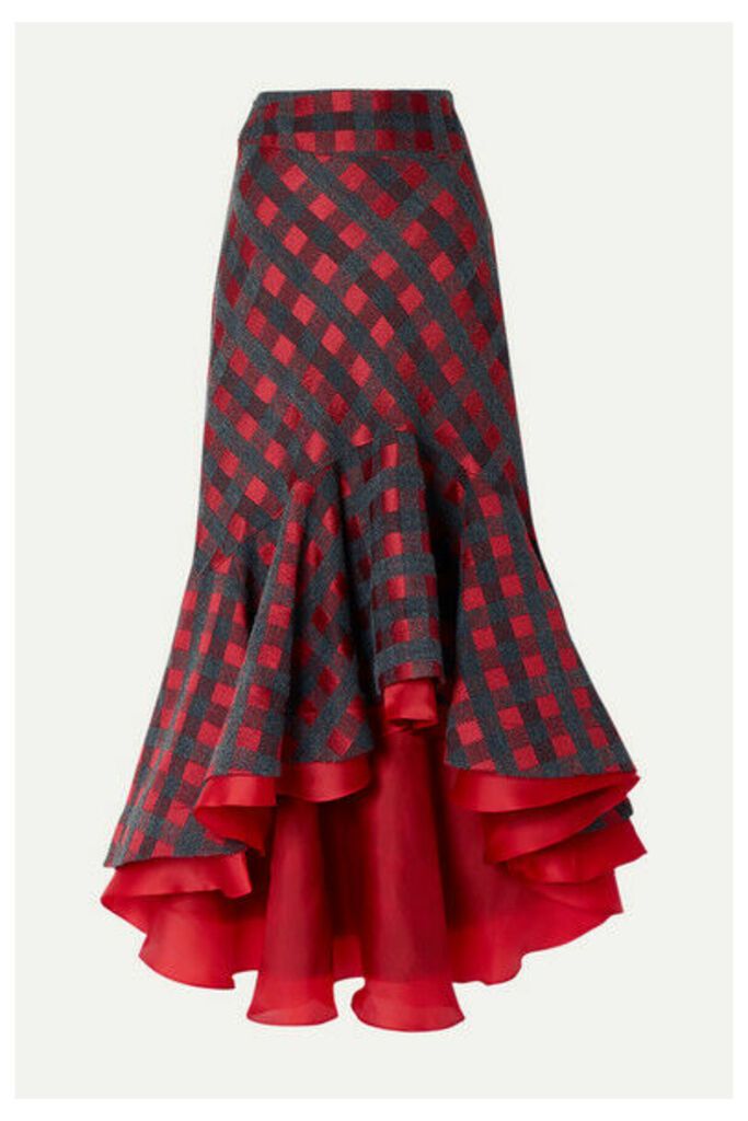 Silvia Tcherassi - Dallas Asymmetric Ruffled Checked Tweed Midi Skirt - Red