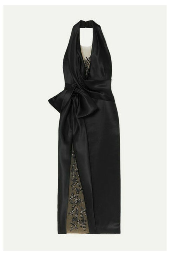 Marchesa - Embellished Embroidered Tulle-trimmed Duchesse-satin Halterneck Gown - Black