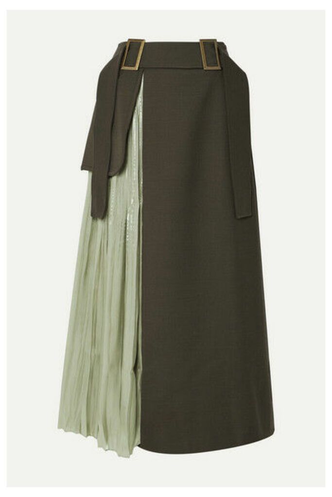 REJINA PYO - Evie Paneled Wool-blend Twill And Pleated Satin Skirt - Army green