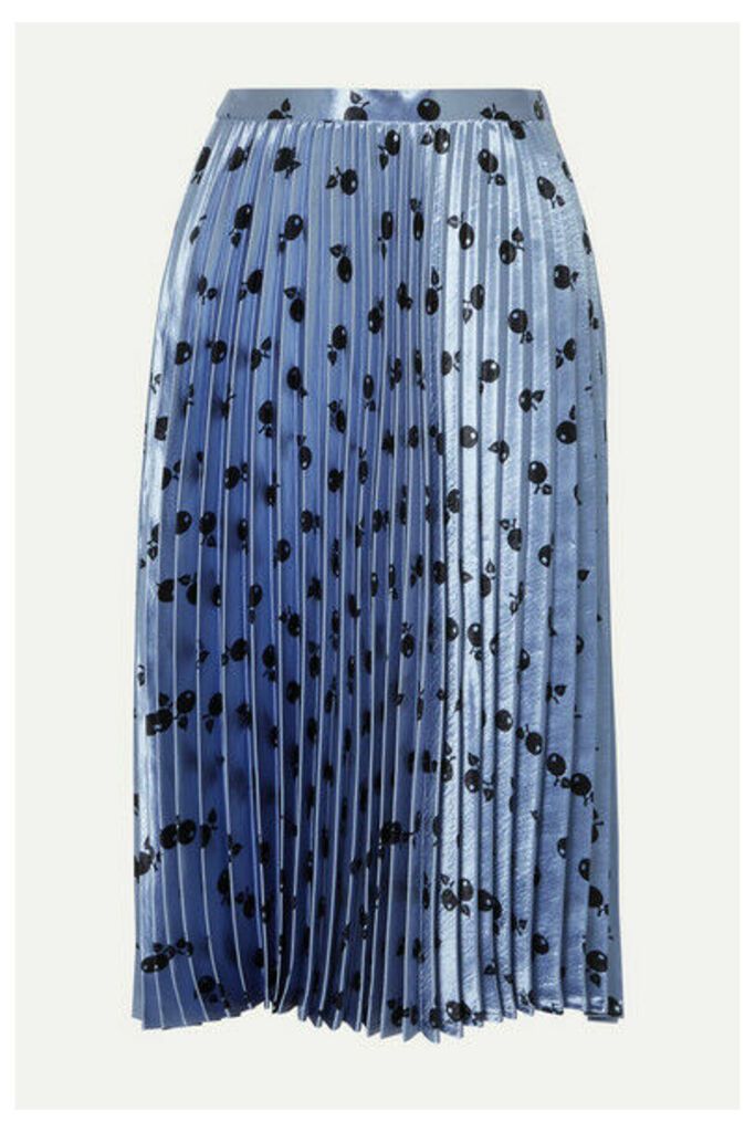 HVN - Tracy Metallic Printed Pleated Satin Midi Skirt - Blue