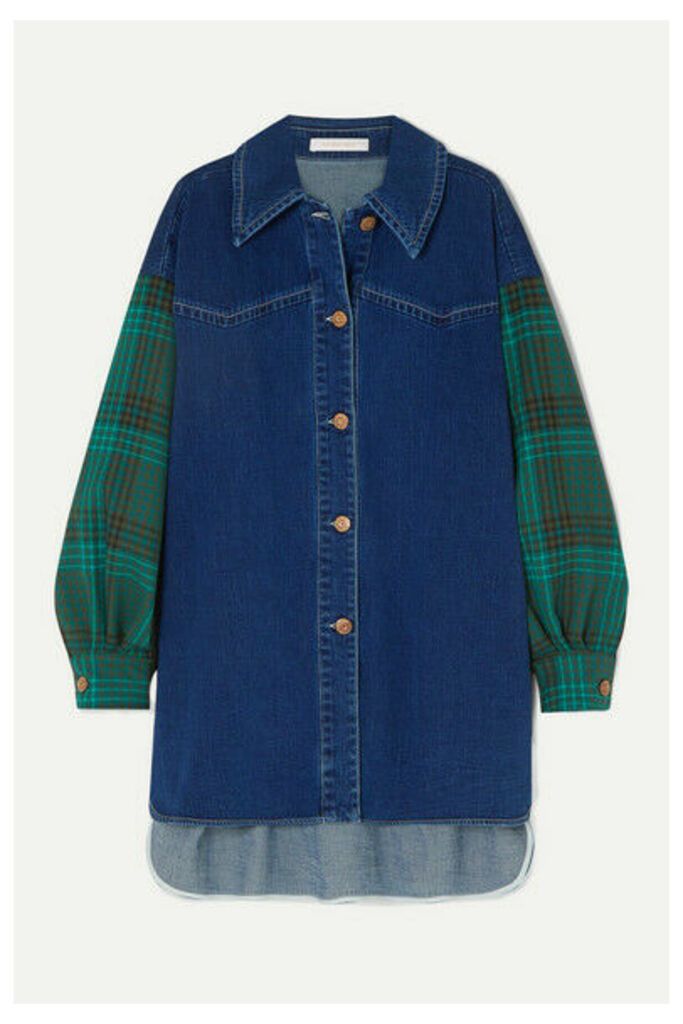 See By Chloé - Oversized Denim And Checked Twill Shirt - Mid denim