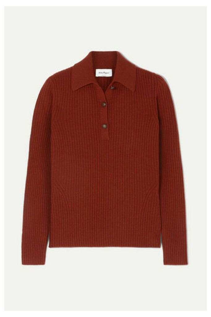 Salvatore Ferragamo - Button-detailed Ribbed Wool And Cashmere-blend Sweater - Burgundy
