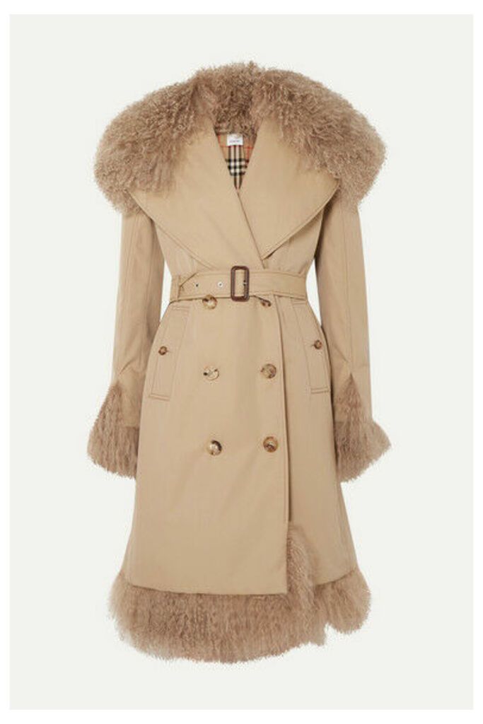 Burberry - Double-breasted Shearling-trimmed Cotton-gabardine Coat - Beige