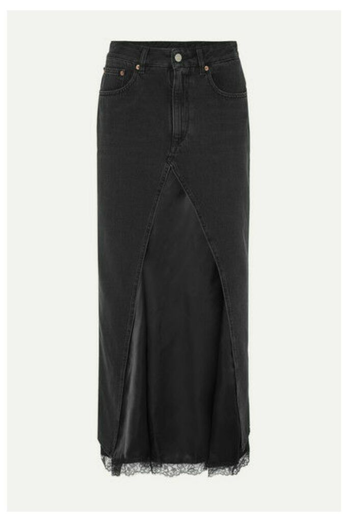 MM6 Maison Margiela - Layered Lace-trimmed Satin And Denim Midi Skirt - Black