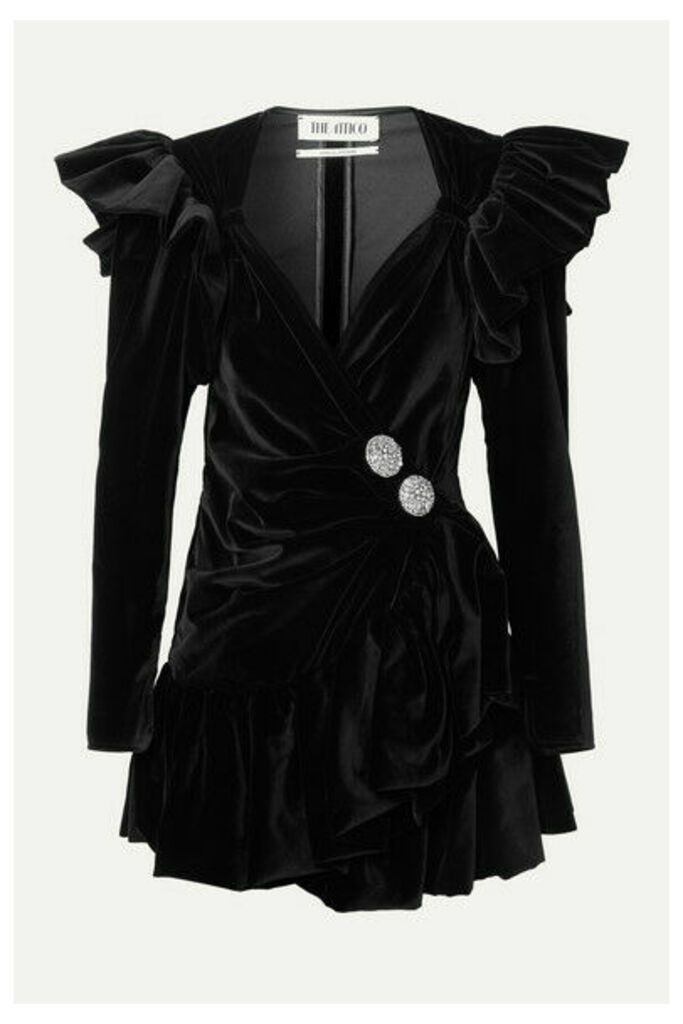 The Attico - Ruffled Embellished Wrap-effect Cotton-velvet Mini Dress - Black