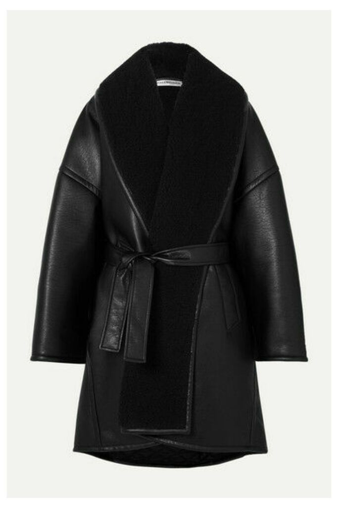 Balenciaga - Oversized Belted Faux Shearling-trimmed Faux Leather Coat - Black