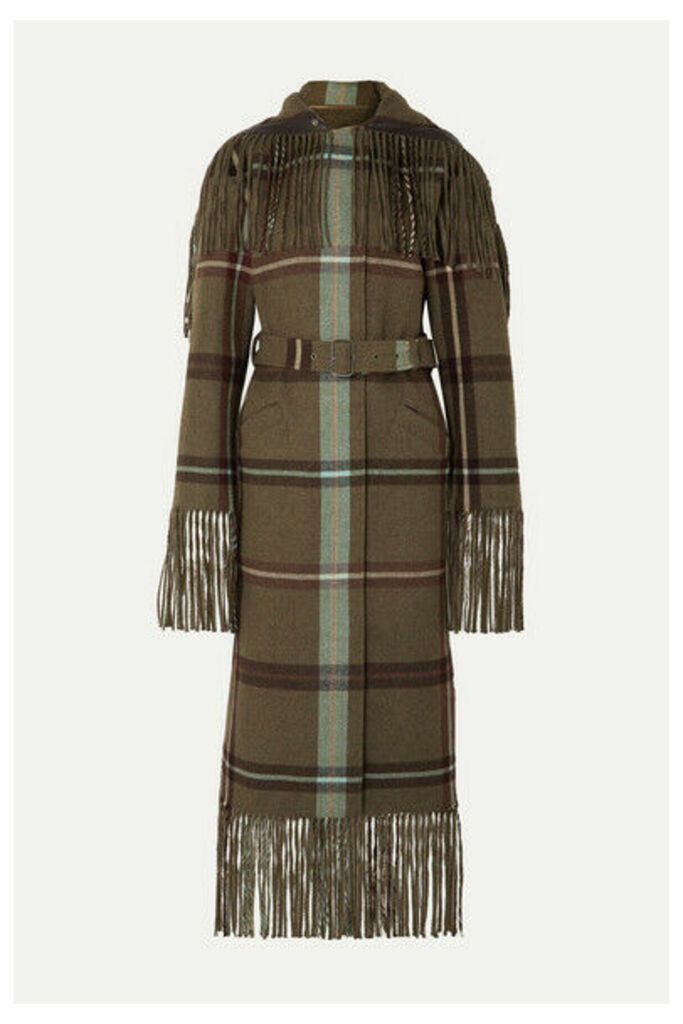 Salvatore Ferragamo - Belted Fringed Checked Flannel Coat - Army green
