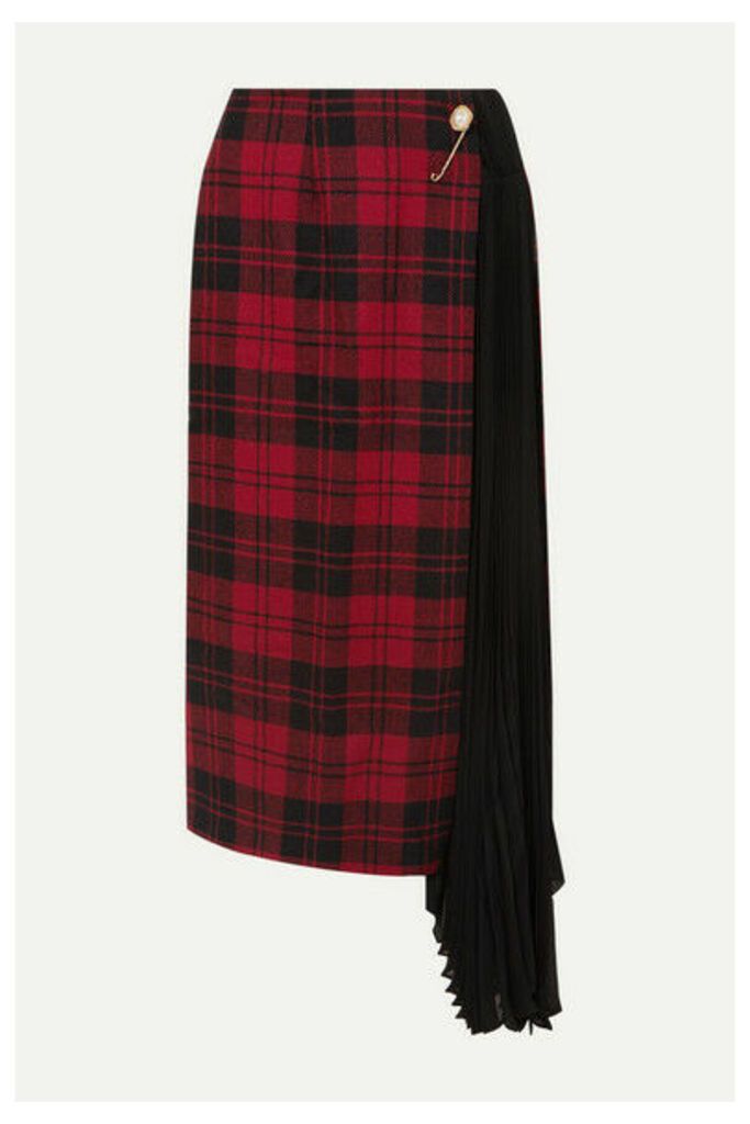 Mother of Pearl - Marita Asymmetric Checked Wool And Pleated Chiffon Skirt - Red
