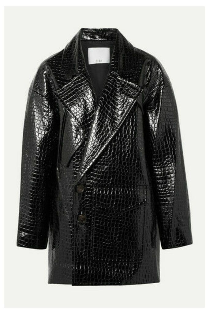 Tibi - Oversized Croc-effect Faux Patent-leather Coat - Black