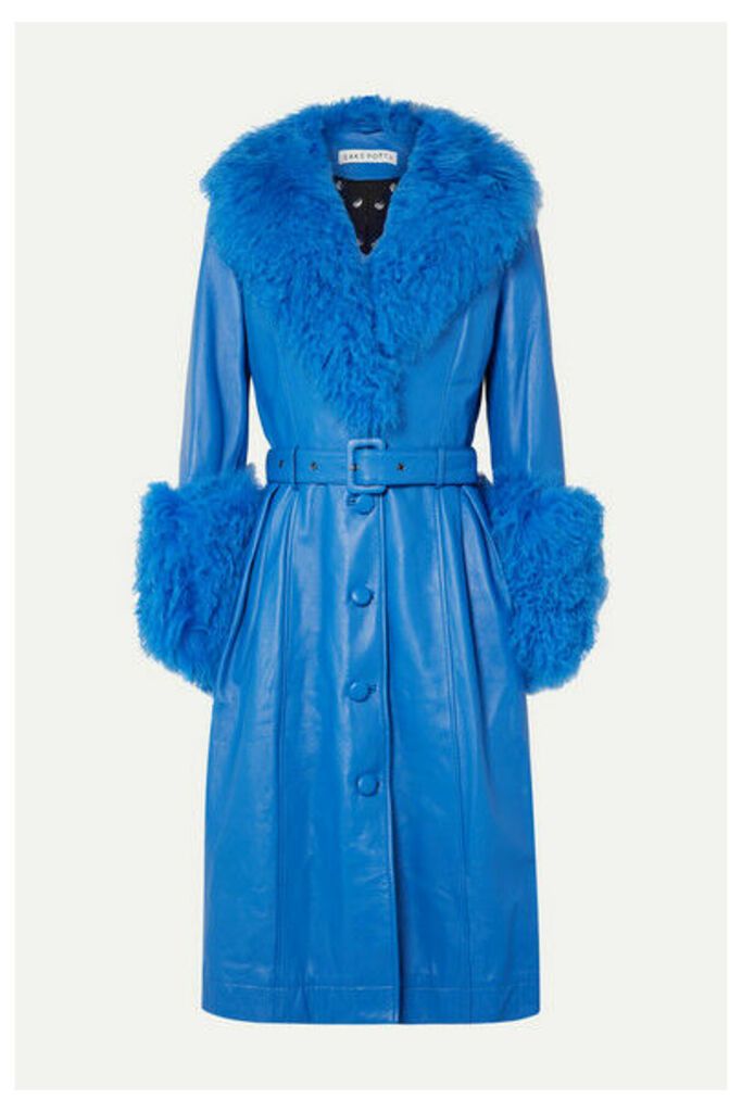 Saks Potts - Foxy Belted Shearling-trimmed Leather Coat - Bright blue