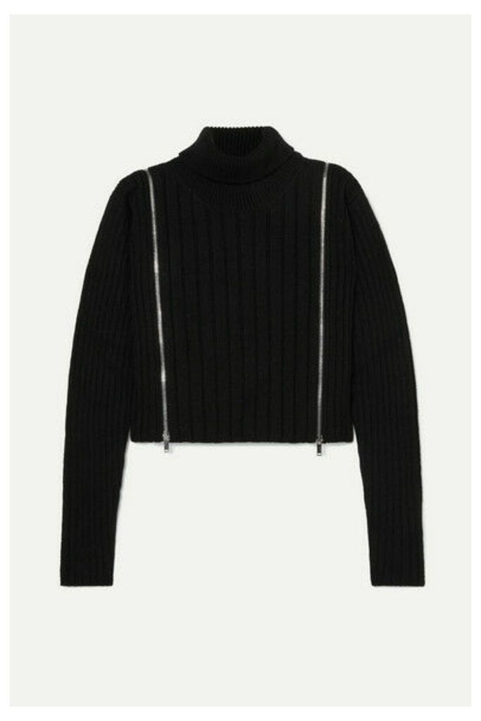 Palm Angels - Cropped Zip-detailed Ribbed Wool-blend Turtleneck Sweater - Black