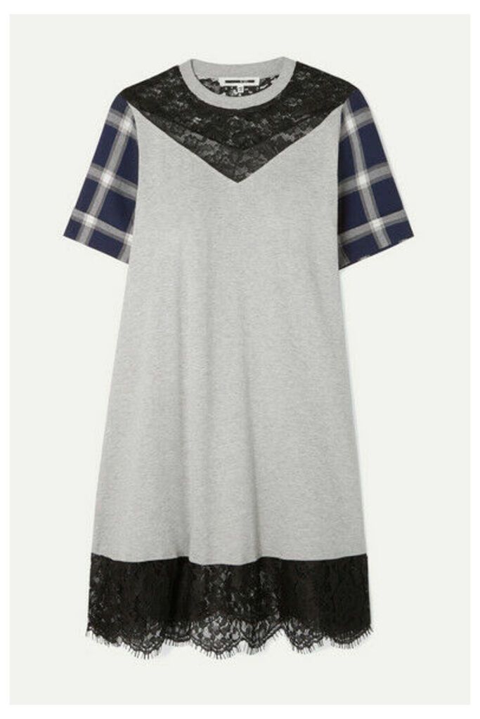 McQ Alexander McQueen - Paneled Cotton-jersey, Checked Flannel And Lace Mini Dress - Gray