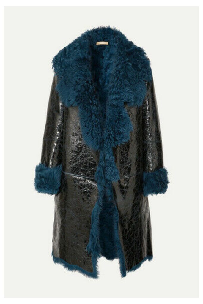 Michael Kors Collection - Shearling-lined Glossed Cracked-leather Coat - Blue