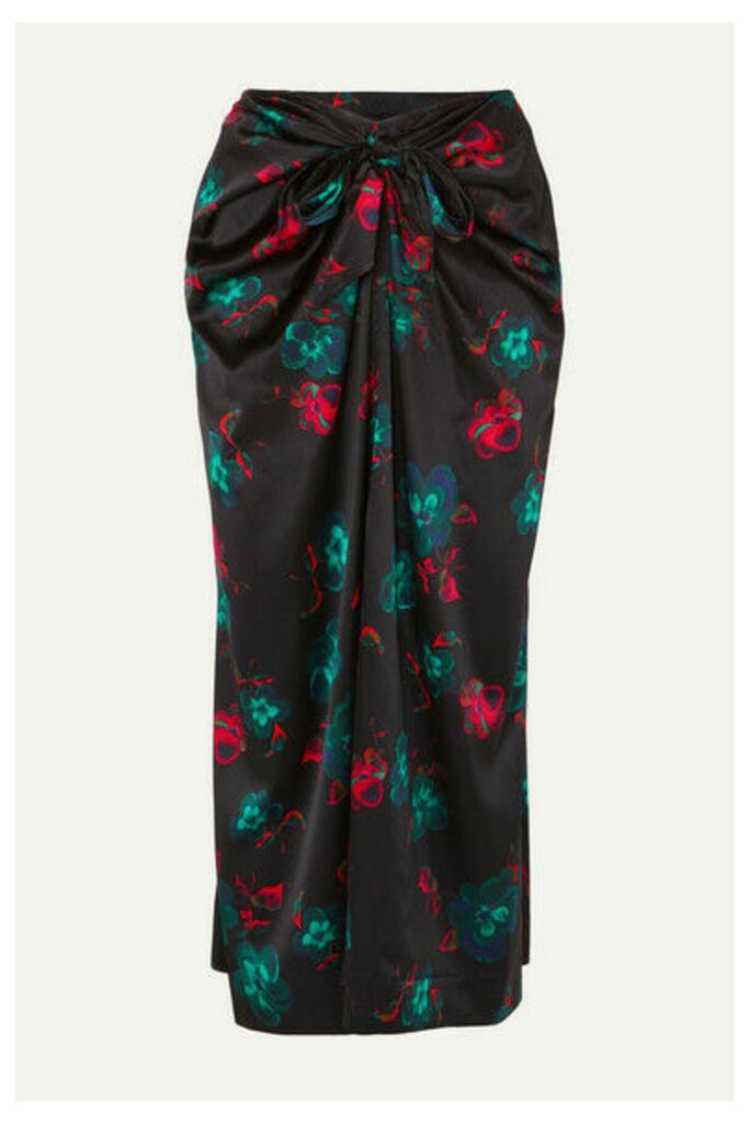 GANNI - Knotted Floral-print Silk-blend Satin Midi Skirt - Black