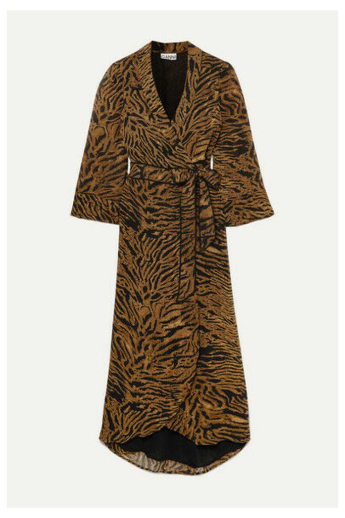 GANNI - Tiger-print Georgette Wrap Dress - Brown