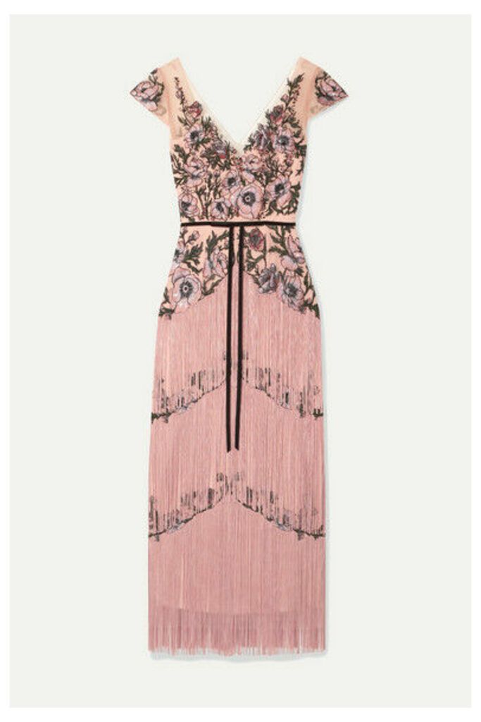 Marchesa Notte - Fringed Embellished Embroidered Tulle Midi Dress - Blush