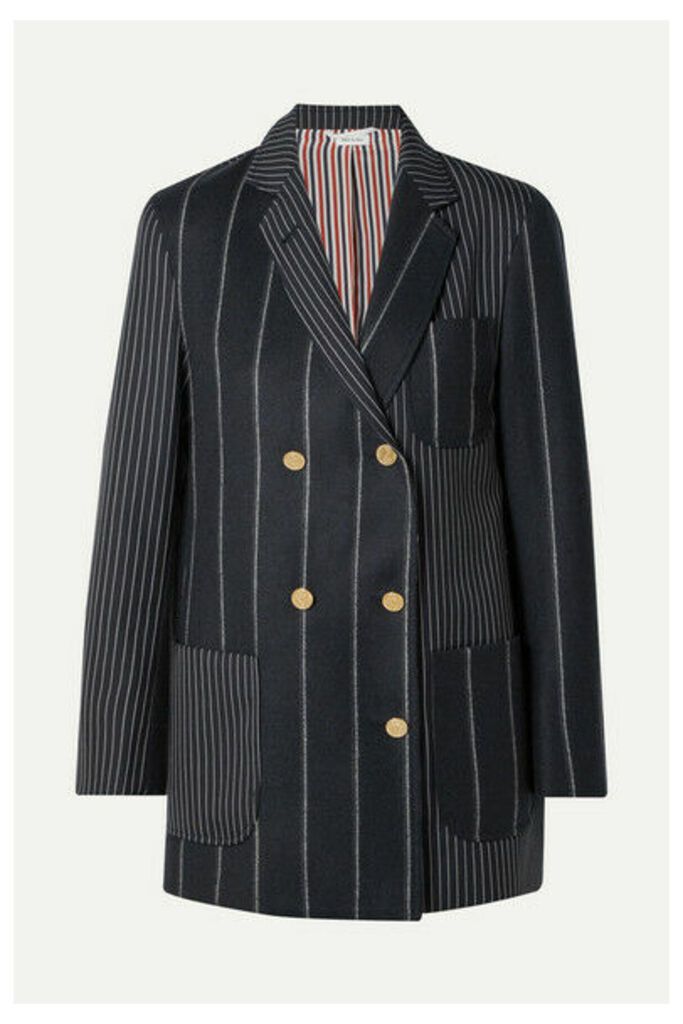 Thom Browne - Double-breasted Paneled Pinstriped Wool-felt And Twill Blazer - Midnight blue