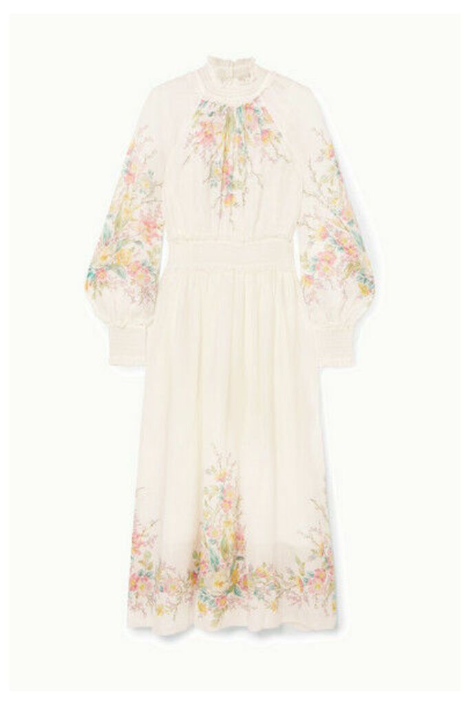 Zimmermann - Zinnia Ruffled Shirred Floral-print Ramie-gauze Maxi Dress - Ivory
