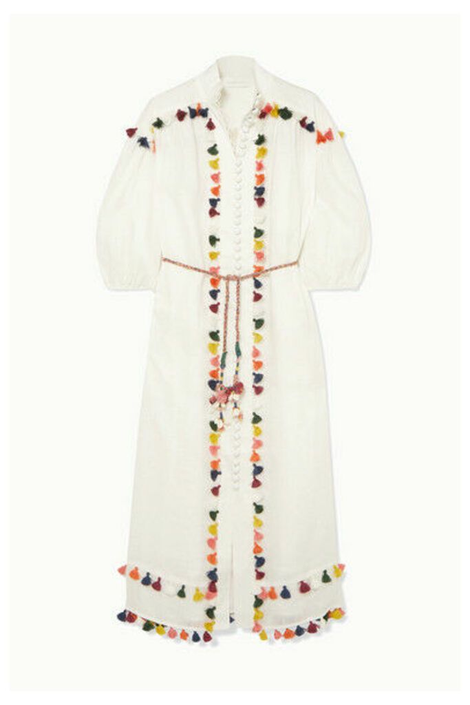 Zimmermann - Edie Belted Tasseled Linen Midi Dress - Off-white