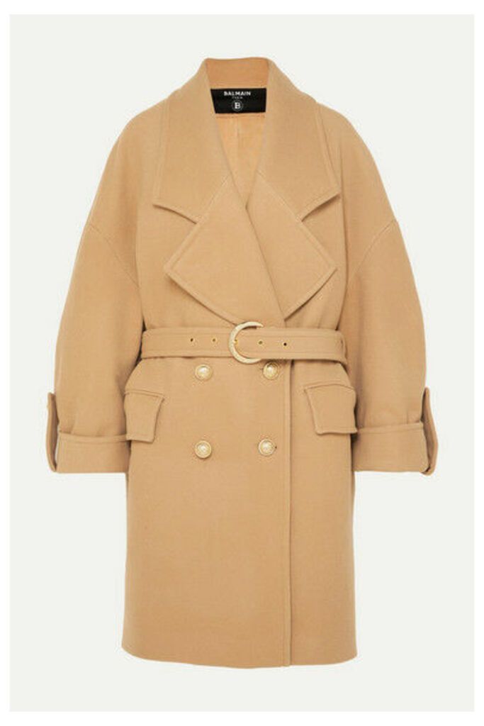 Balmain - Button-embellished Double-breasted Wool And Cashmere-blend Coat - Neutral