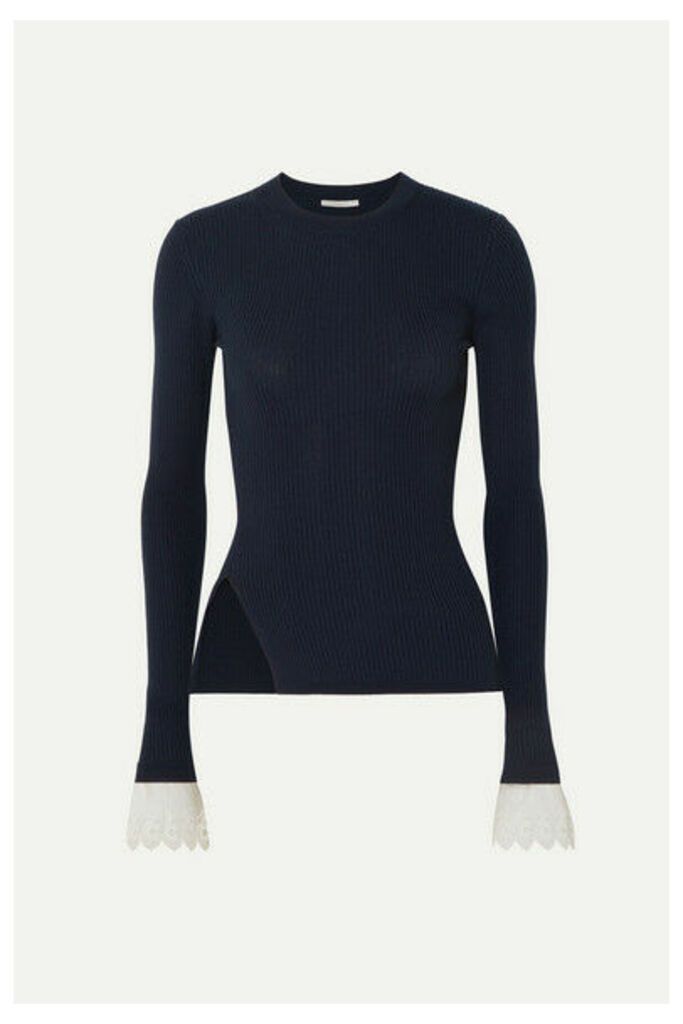 Chloé - Organza-trimmed Ribbed-knit Sweater - Navy
