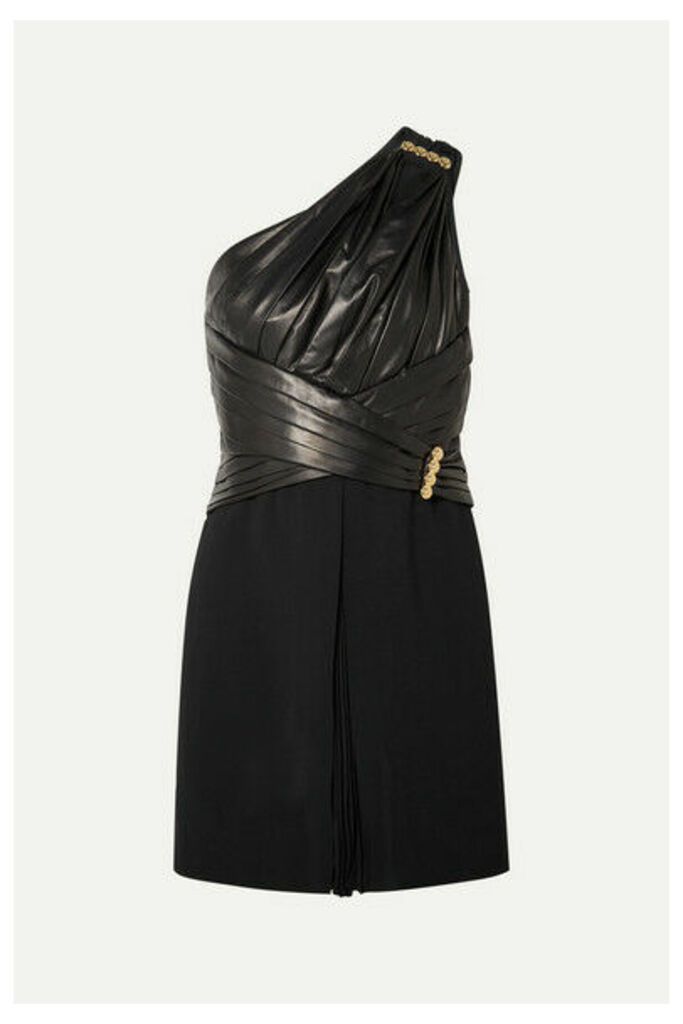 Versace - One-shoulder Gathered Leather, Crepe And Chiffon Mini Dress - Black