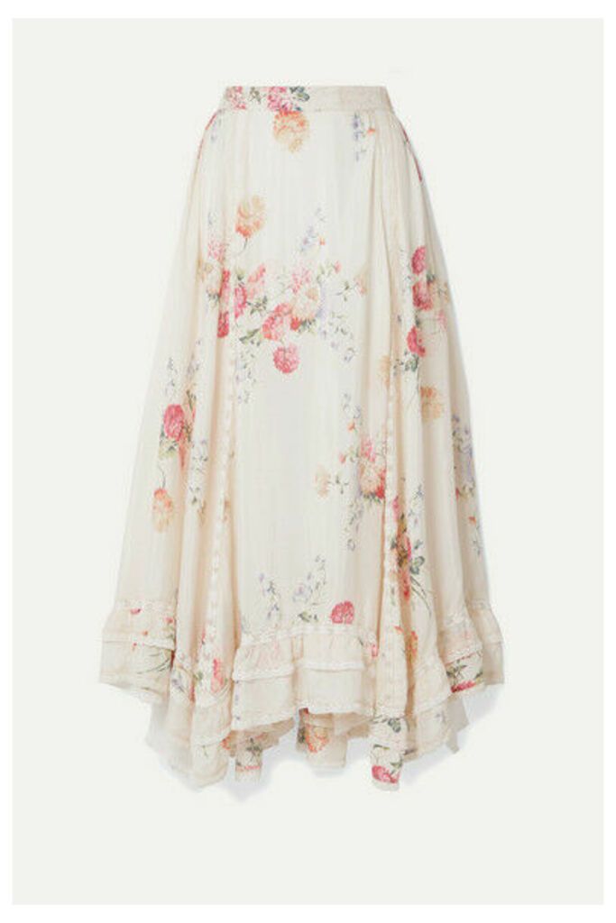 LoveShackFancy - Navya Asymmetric Lace-trimmed Floral-print Washed-silk Skirt - Ivory