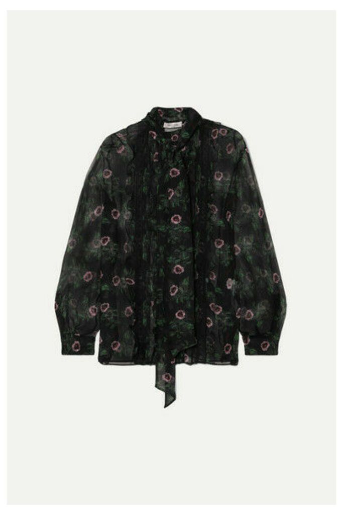 Valentino - Pussy-bow Lace-trimmed Floral-print Silk-chiffon Blouse - Black