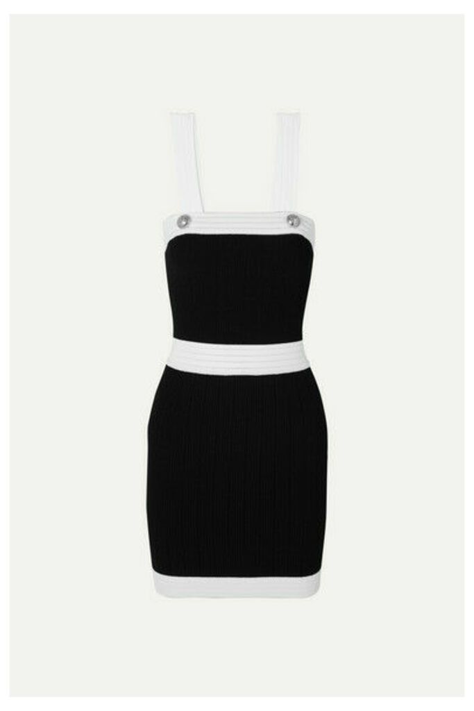 Balmain - Button-embellished Two-tone Ribbed-knit Mini Dress - Black