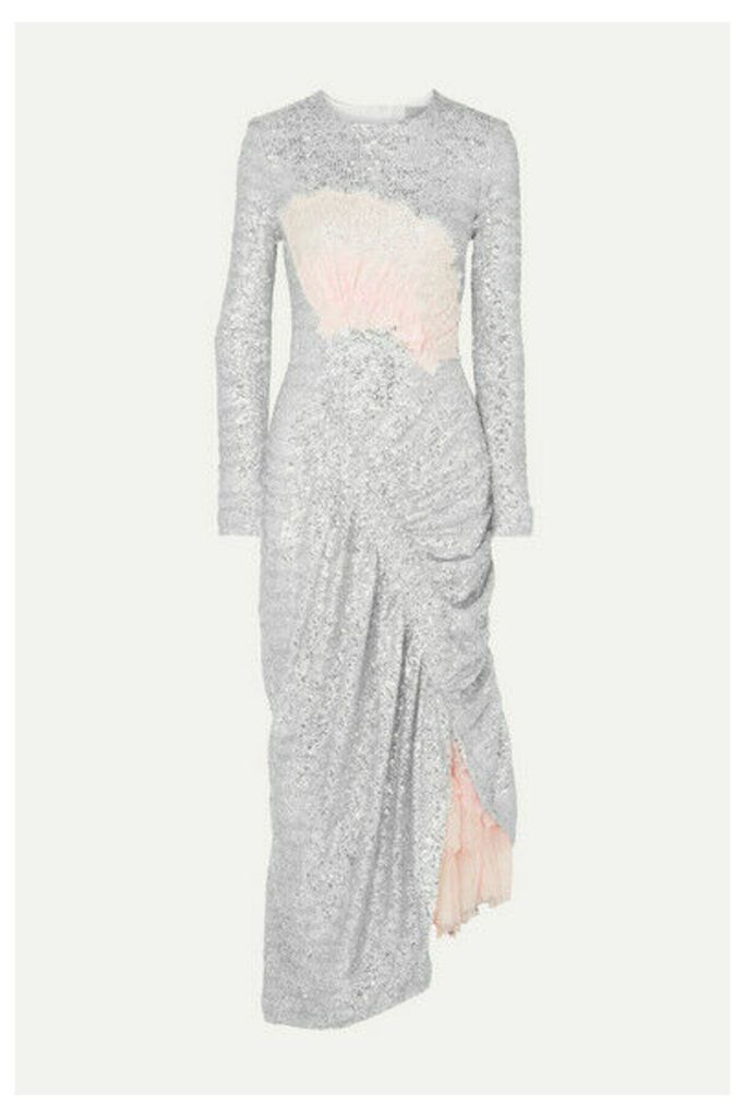 Preen by Thornton Bregazzi - Wilda Ruched Lace-paneled Sequined Tulle Dress - Silver