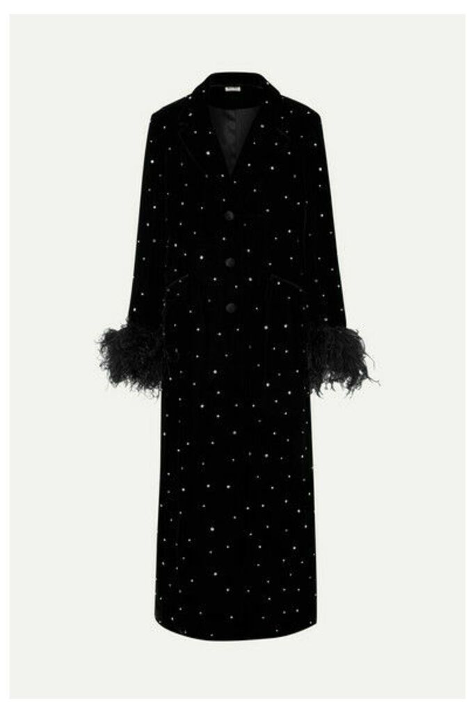 Miu Miu - Feather And Silk Satin-trimmed Crystal-embellished Velvet Coat - Black