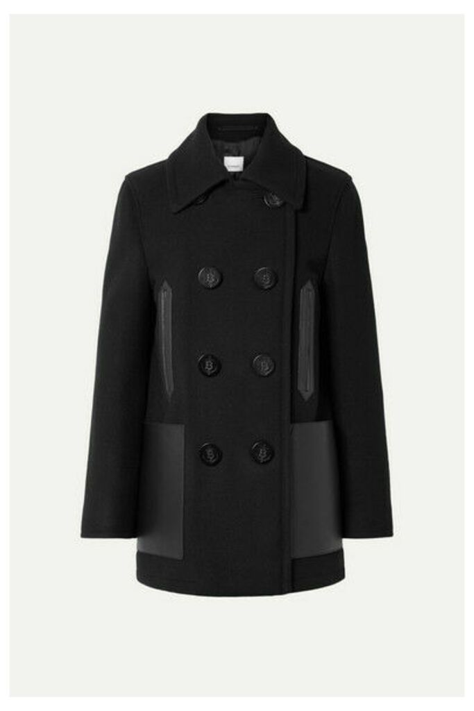 Burberry - Double-breasted Leather-trimmed Wool-blend Coat - Black
