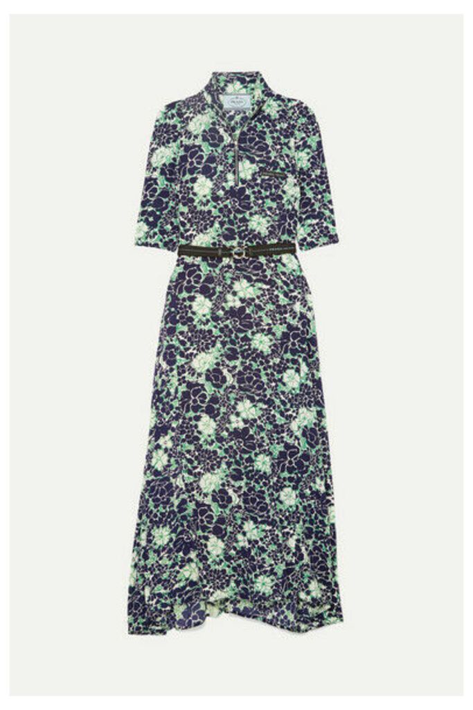 Prada - Asymmetric Floral-print Stretch-silk Midi Dress - Navy