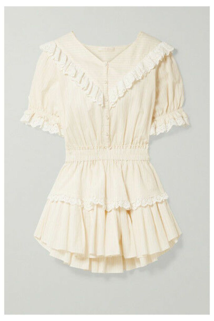 LoveShackFancy - Nanette Broderie Anglaise-trimmed Striped Cotton-voile Mini Dress - Beige