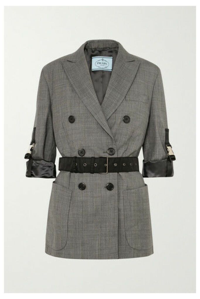 Prada - Belted Double-breasted Checked Wool Blazer - Gray