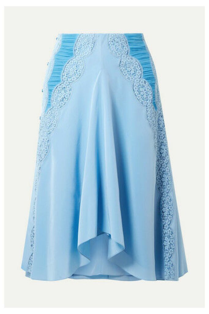 Chloé - Ruched Lace-trimmed Silk Crepe De Chine Skirt - Light blue