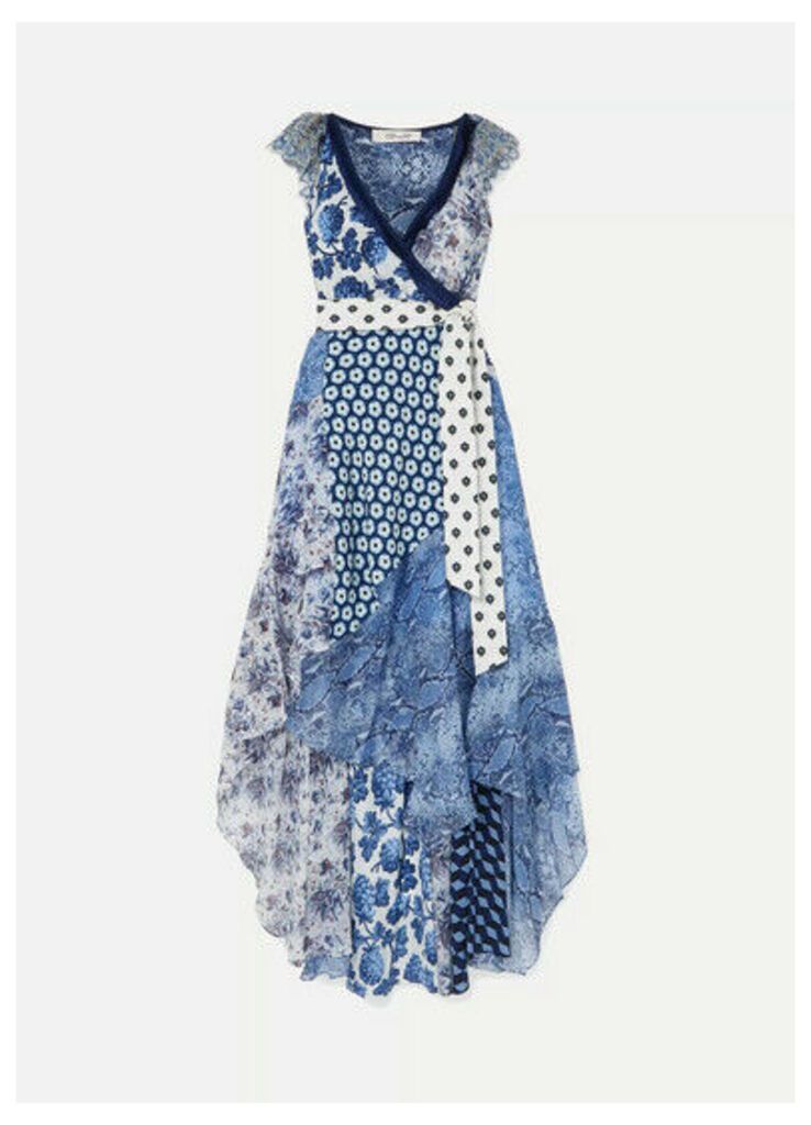 Diane von Furstenberg - Ava Printed Lace, Silk Crepe De Chine And Crinkled-chiffon Wrap Dress - Blue