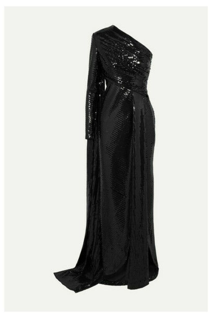 Elie Saab - One-sleeve Draped Sequined Tulle Gown - Black