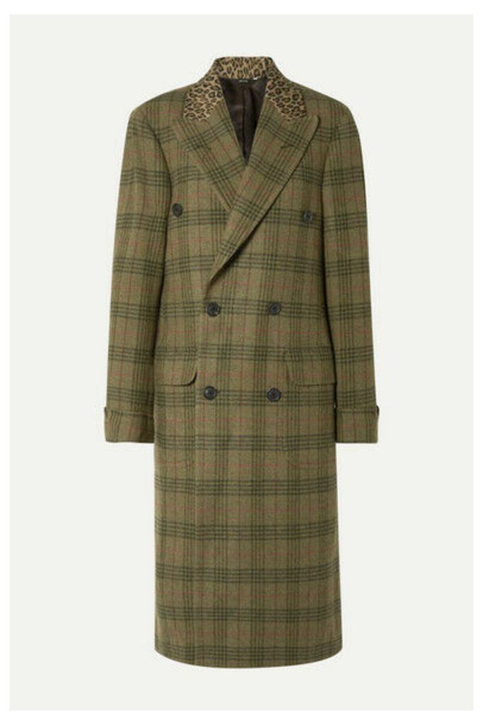 R13 - Oversized Leopard-print Cotton-trimmed Checked Wool-twill Coat - Green