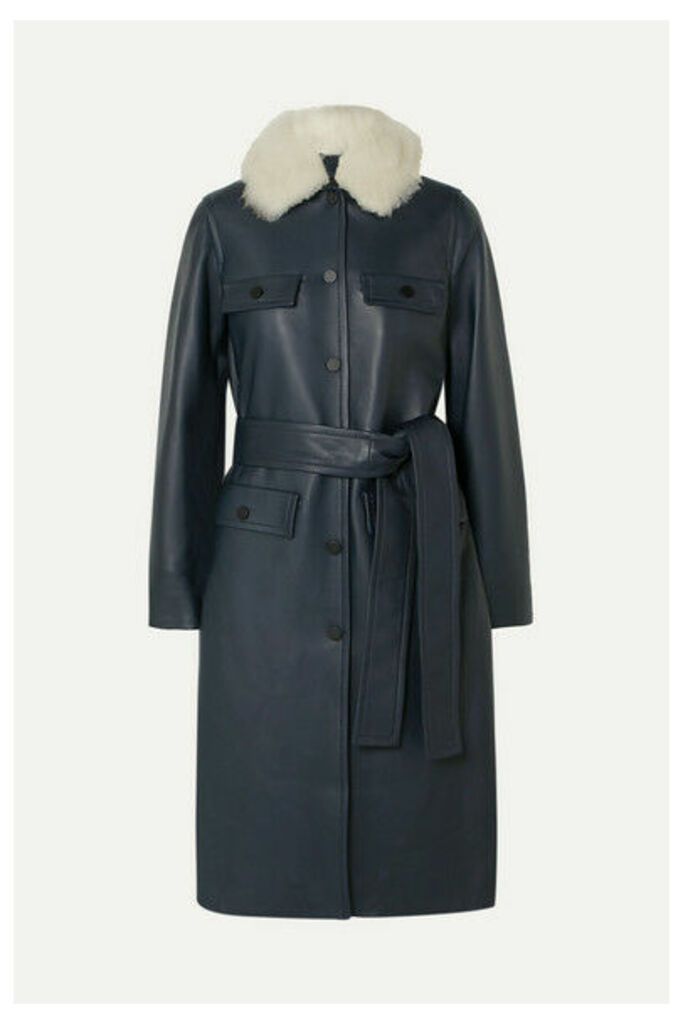 Yves Salomon - Belted Shearling-trimmed Leather Coat - Navy