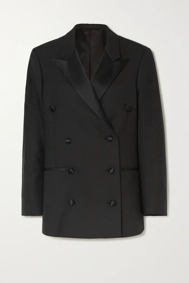 Loreo Oversized Double-breasted Silk Blend-trimmed Twill Blazer - Black