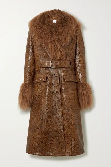 Wetherby Belted Shearling-trimmed Snake-effect Leather Coat - Brown