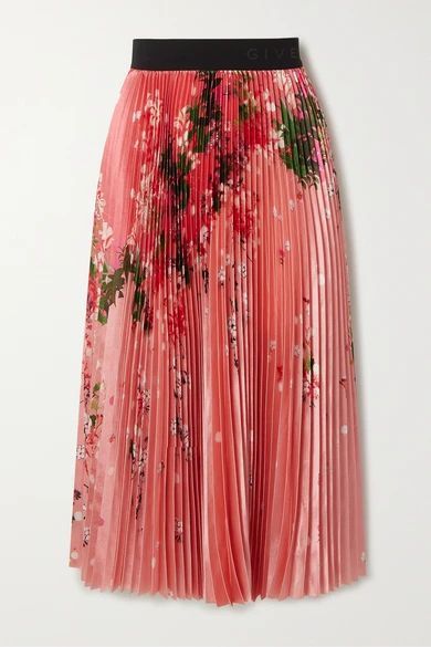 Pleated Floral-print Satin Midi Skirt - Pink