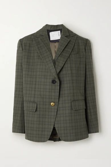 Layered Checked Wool-blend And Cotton Blazer - Dark green